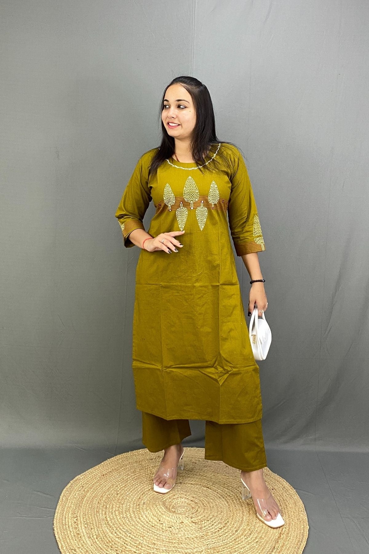 Mustard Yellow Pure Cotton Co-ord Set with front Embroidery and Block Print