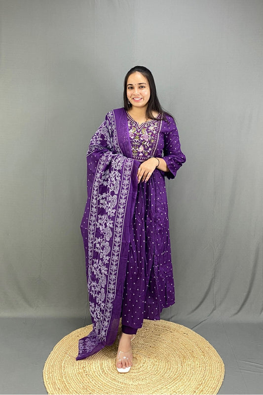 Purple Ghera Kurti Pant Set with Multicolor Peacock Embroidery & Mulmul Cotton Dupatta