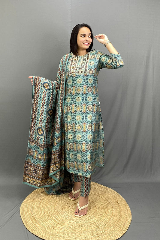Art Silk Style Printed Kurti Pant Dupatta Set, Elegant All-Over Pattern with Soft Glossy Finish
