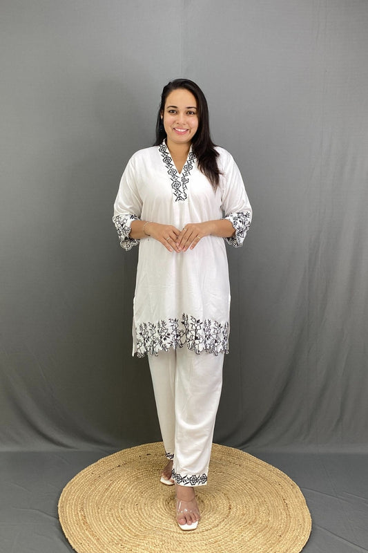Soft Rayon Embroidered Co-ord Set with V-Neck Printed Ethnic Wear