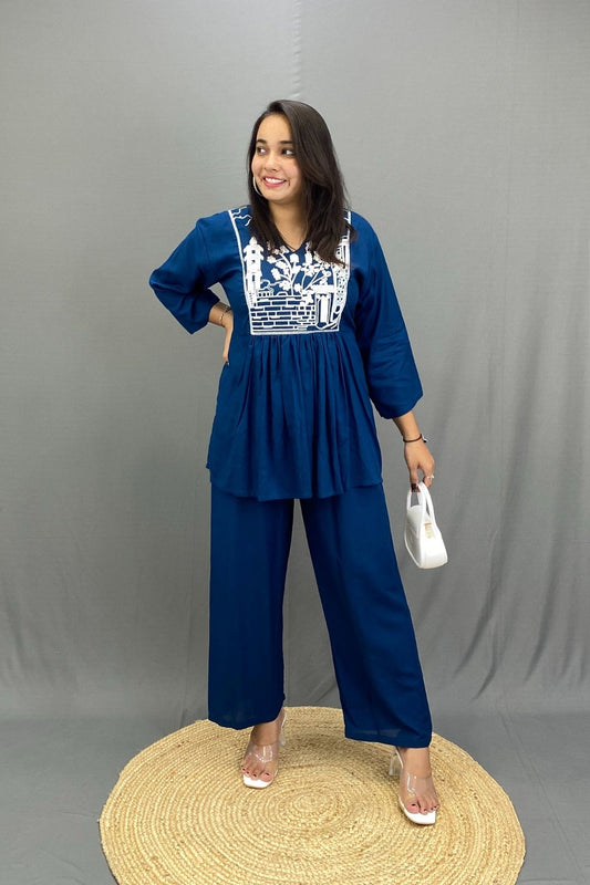 Rayon Short Round Kurti Plazo Co-ord Set with White Embroidery, Elegant Everyday Comfort