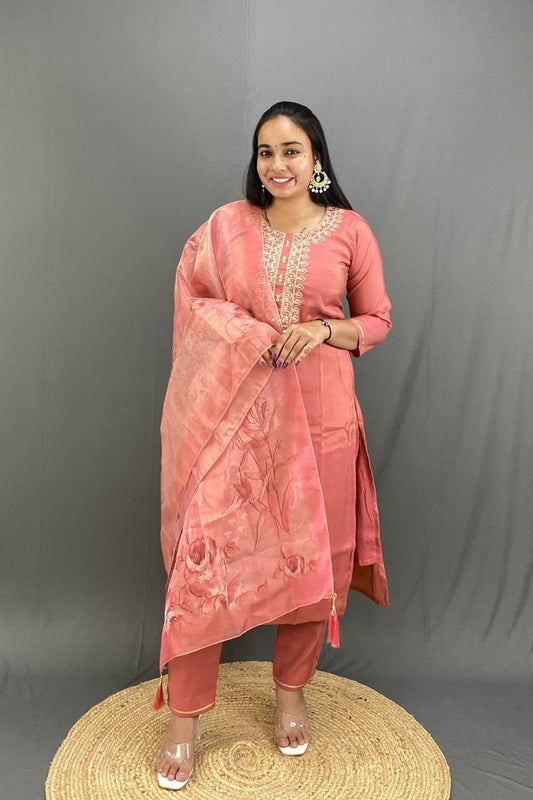 Luxury Roman Silk Kurti Pant Set with Intricate Zari Neckline & Floral Organza Dupatta