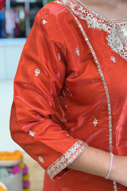 Roman Glass  Sharara Suit Set with Zari & Tikki Work and Organza Dupatta