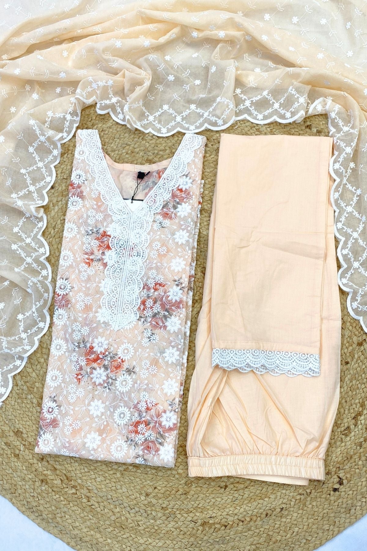 Flared Cream Rayon Cotton Kurti Pant Dupatta Set – Embroidered Festive Wear
