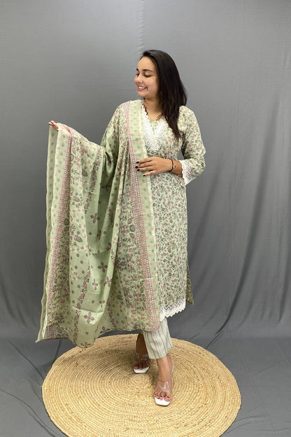 Cotton Kurti Pant Dupatta Set with Croatian Lace Work, Elegant V-Neck Ethnic Ensemble