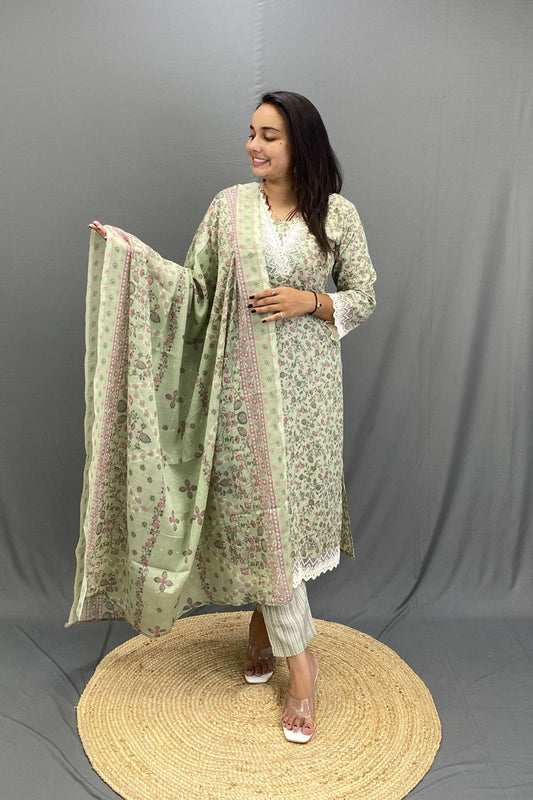 Cotton Kurti Pant Dupatta Set with Croatian Lace Work, Elegant V-Neck Ethnic Ensemble