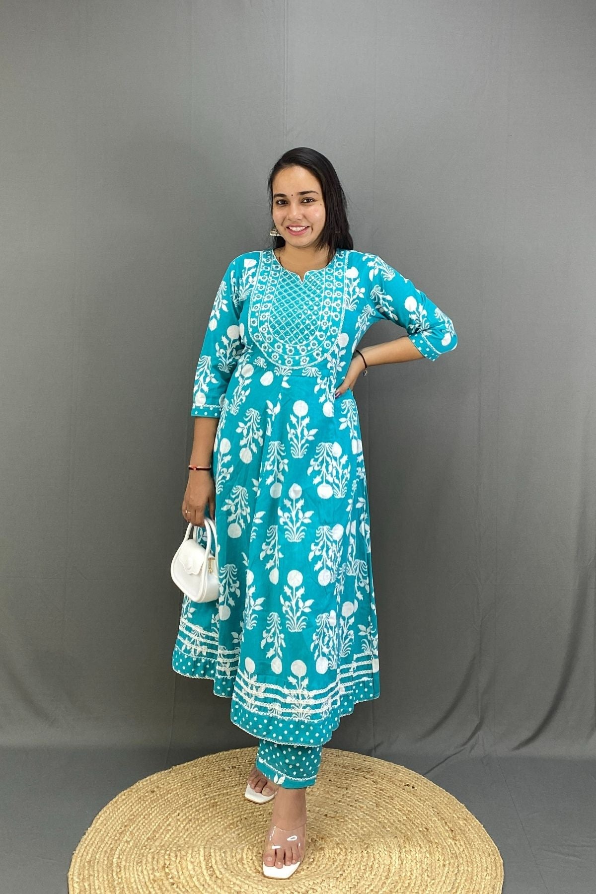 Premium Cotton Aasmani Blue Floral Anarkali Kurti Pant Set with Elegant Mirror & Lace Work