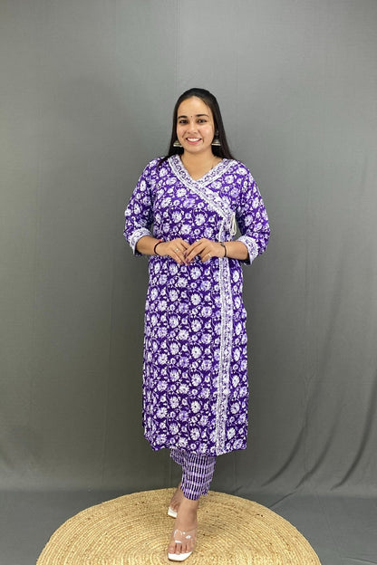 Ethnic Chic Look Angrakha Style Kurti Pant Set in Premium Cotton with Matching Dupatta