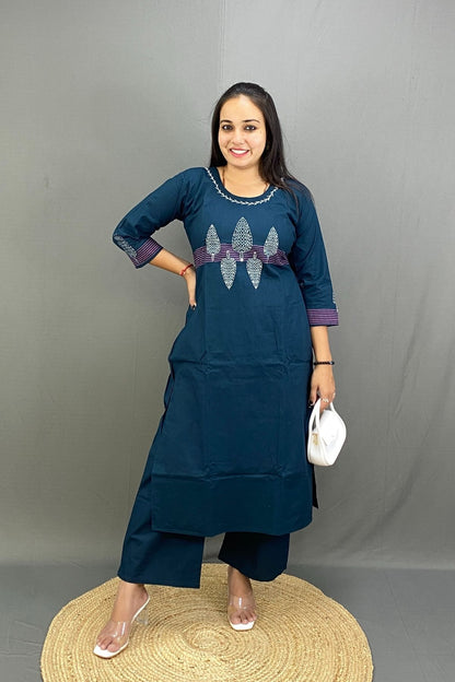 Deep Teal Blue Pure Cotton Co-ord Set with front Embroidery and Block Print
