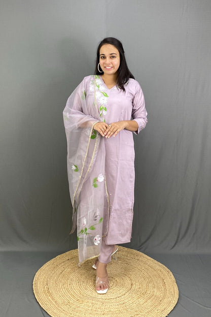 Roman Silk Kurti Pant Set with Elegant Organza Dupatta Perfect Festive Ethnic Wear