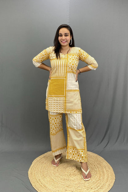 Printed Khadi Short Kurti Pant Co-ord Set, Natural Fabric Comfort for Smart Looks Everyday