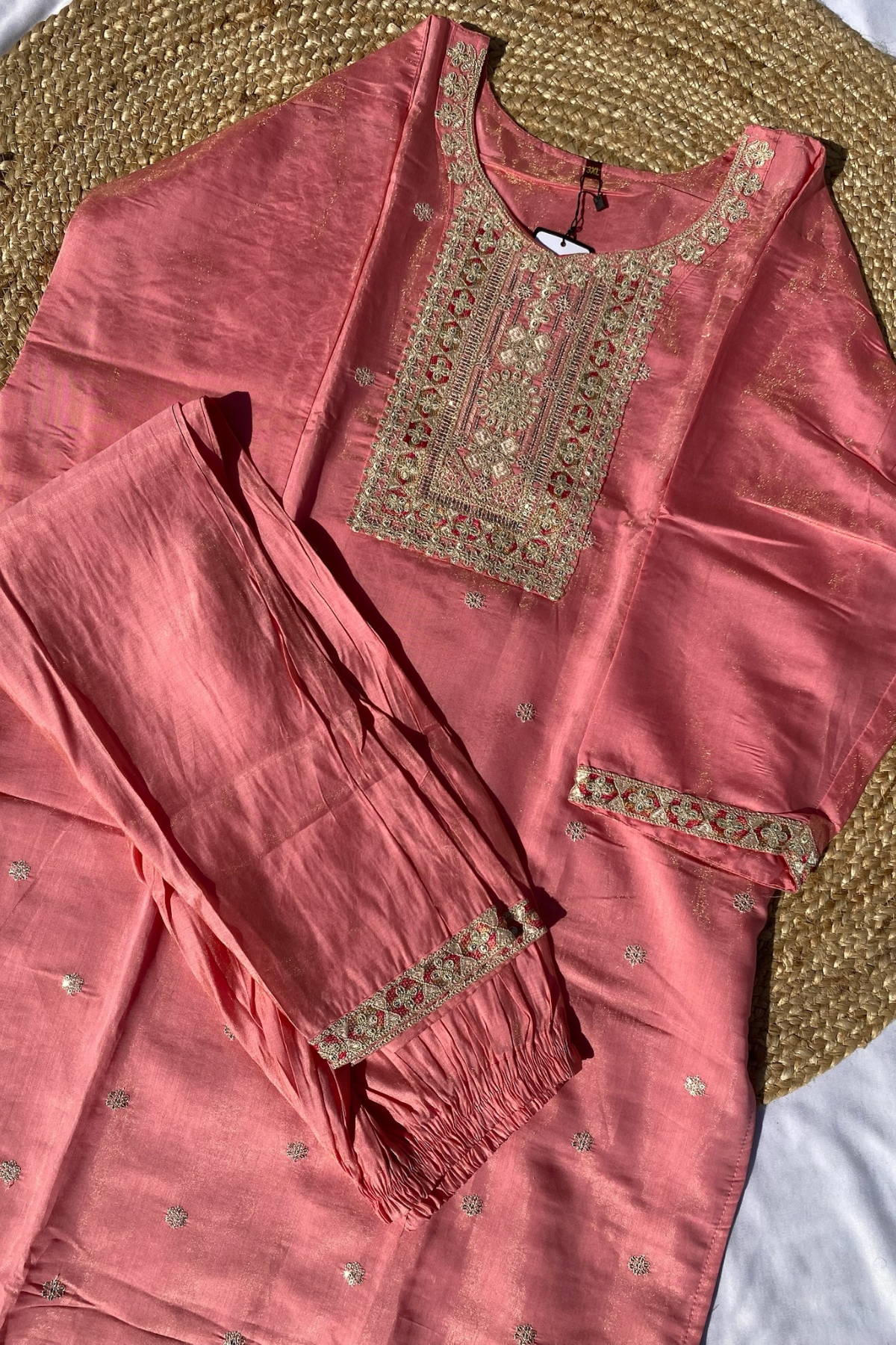 Plus Size Roman Silk Kurti Pant Set with Embellished Neck & Banarasi-Style Dupatta