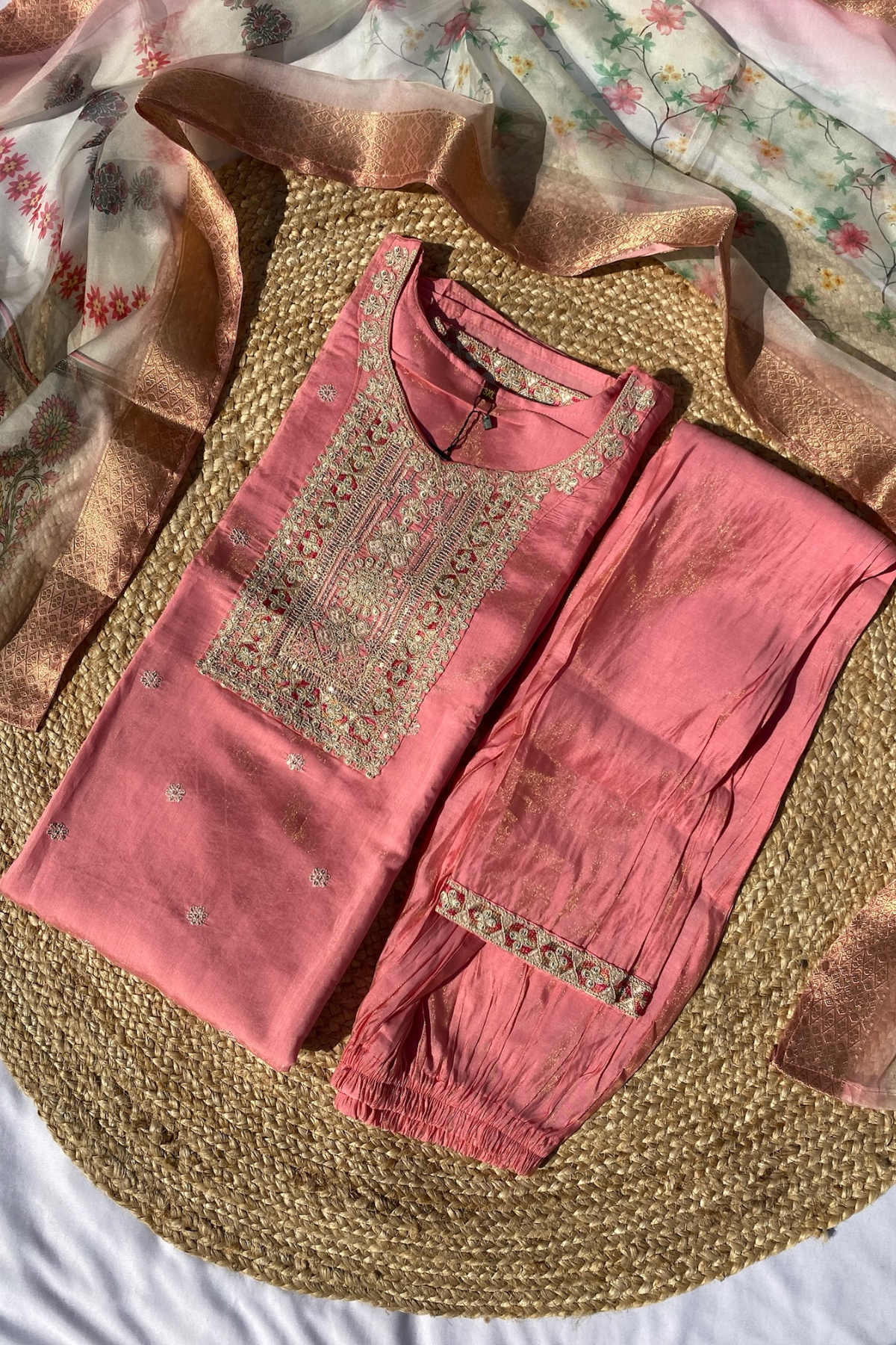 Plus Size Roman Silk Kurti Pant Set with Embellished Neck & Banarasi-Style Dupatta
