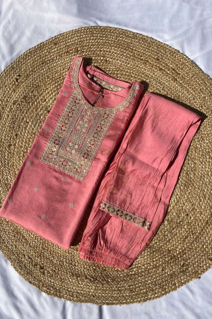Plus Size Roman Silk Kurti Pant Set with Embellished Neck & Banarasi-Style Dupatta
