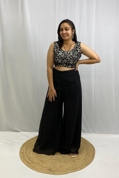 Stylish Georgette Crop Top & Plazo Set with Intricate Detailing & Chic Shrug