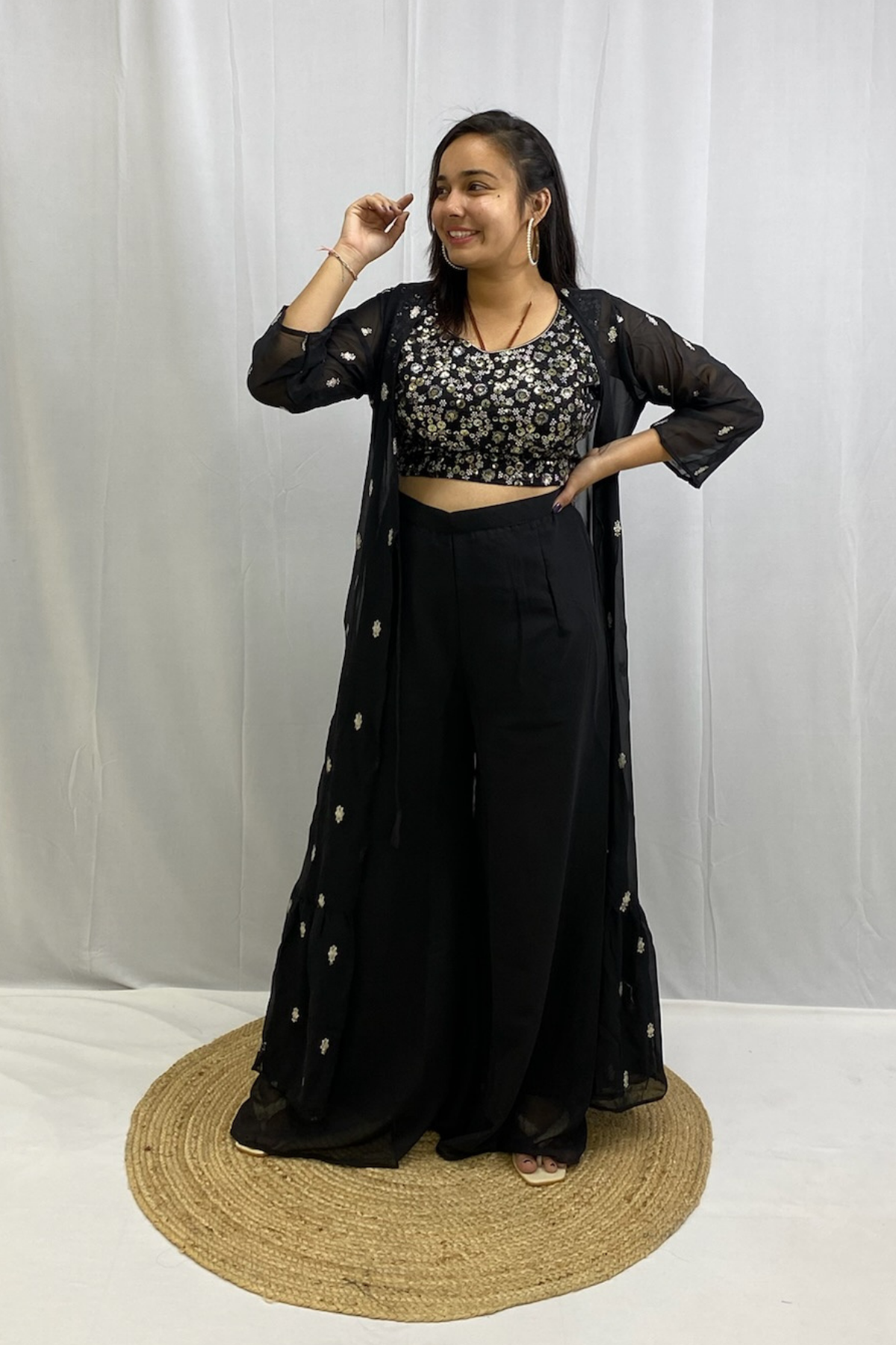 Stylish Georgette Crop Top & Plazo Set with Intricate Detailing & Chic Shrug