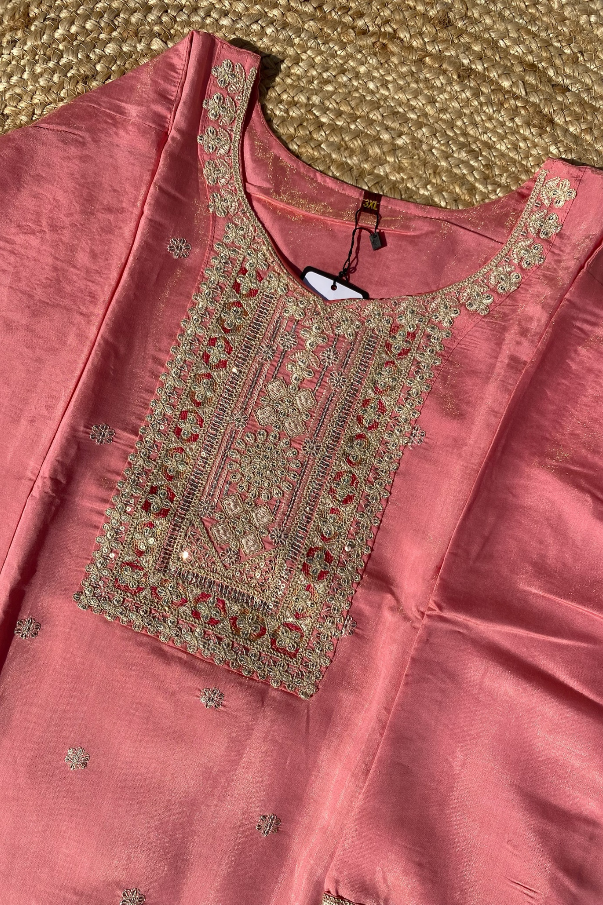 Plus Size Roman Silk Kurti Pant Set with Embellished Neck & Banarasi-Style Dupatta