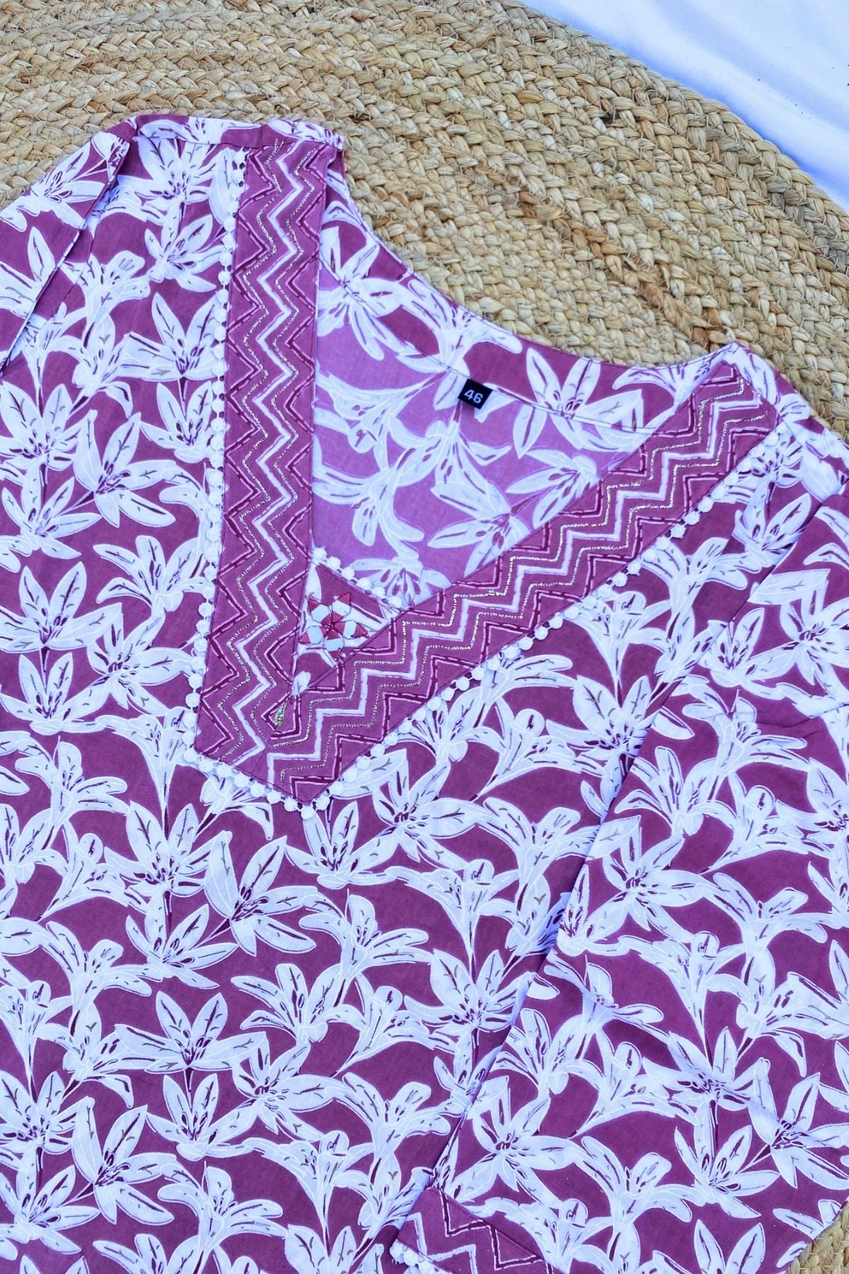 Plus Size Premium Cotton Pink Floral Print V-Neck Kurti Pant Set with & Dupatta
