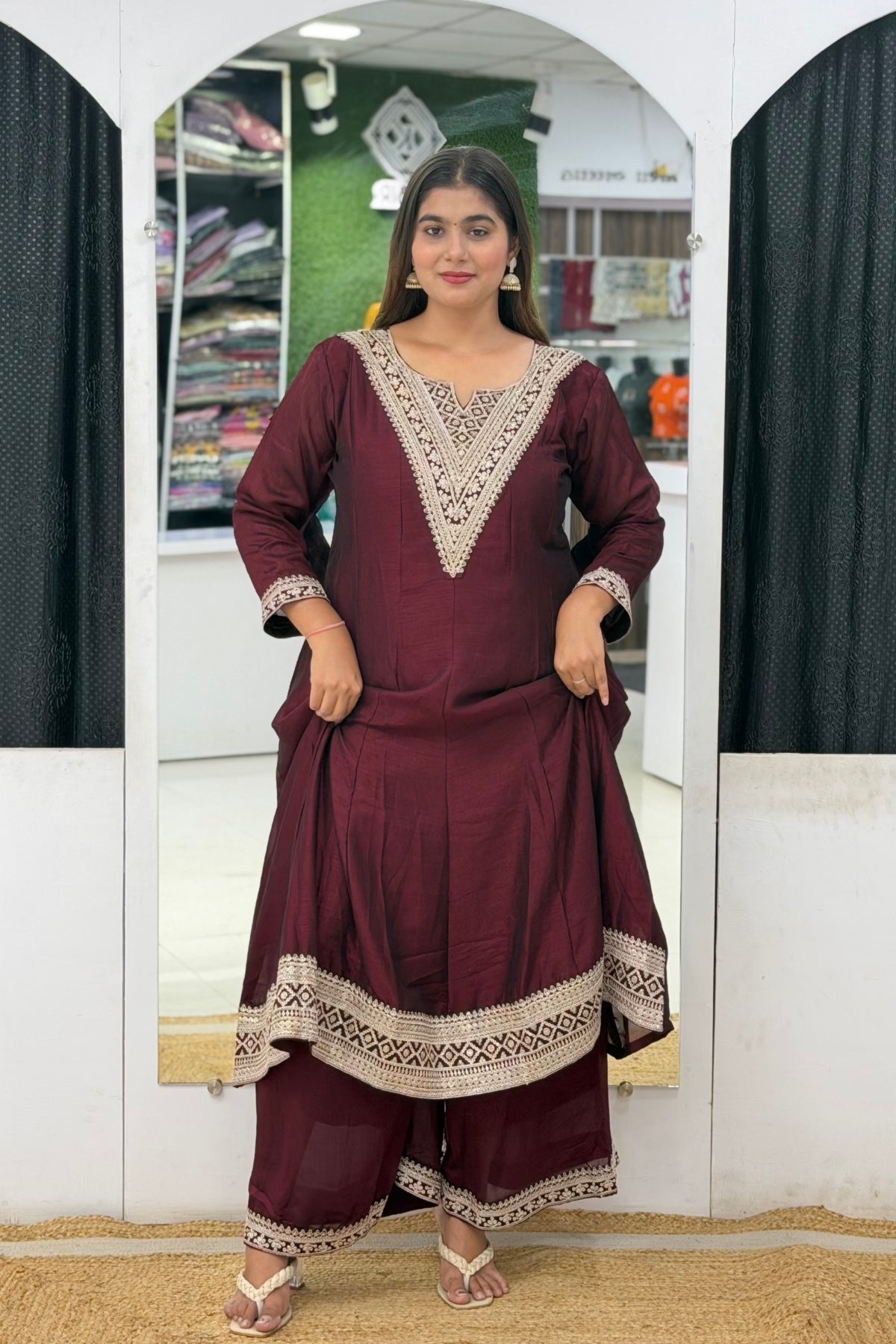 Roman Silk Ghera Anarkali Palazzo Set with Zari Embroidery & Embroidered Dupatta