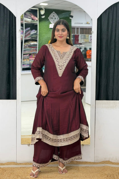 Roman Silk Ghera Anarkali Palazzo Set with Zari Embroidery & Embroidered Dupatta