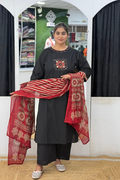 Premium Cotton Kurta Pant Dupatta Set with Kutchi Mirror Work & Ajrak Print Dupatta