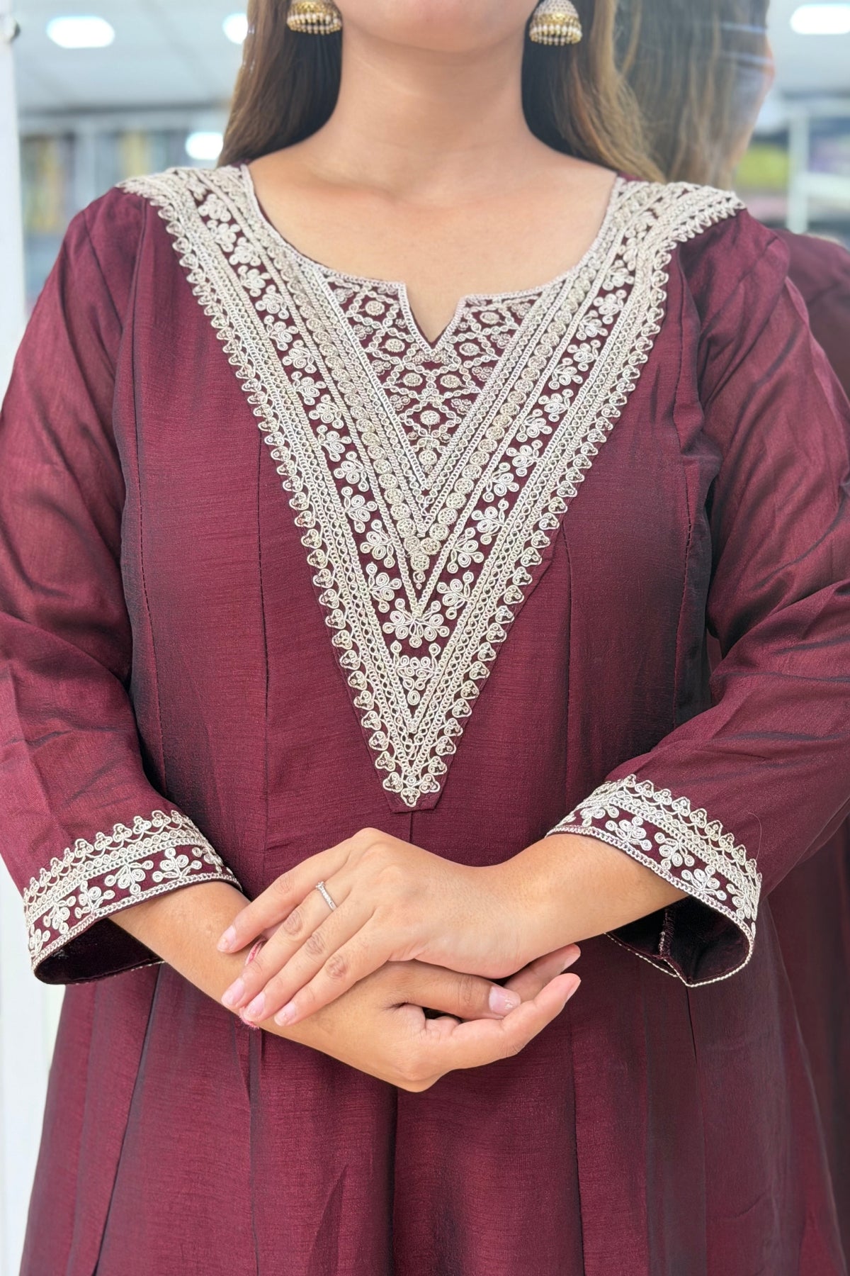 Roman Silk Ghera Anarkali Palazzo Set with Zari Embroidery & Embroidered Dupatta