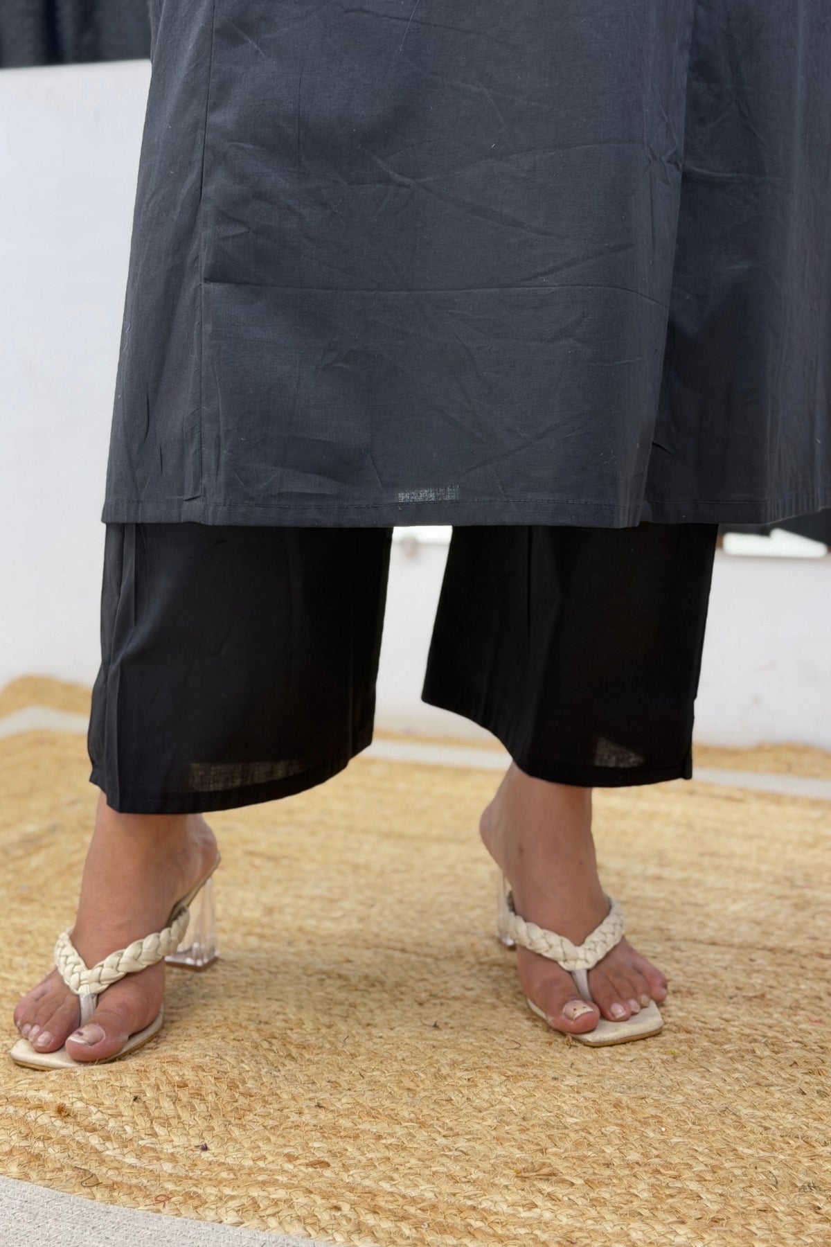 Cotton A-Line Side Cut Kurta Pant Dupatta Set with Floral Embroidery & Mulmul Cotton Dupatta