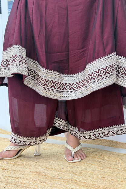 Roman Silk Ghera Anarkali Palazzo Set with Zari Embroidery & Embroidered Dupatta