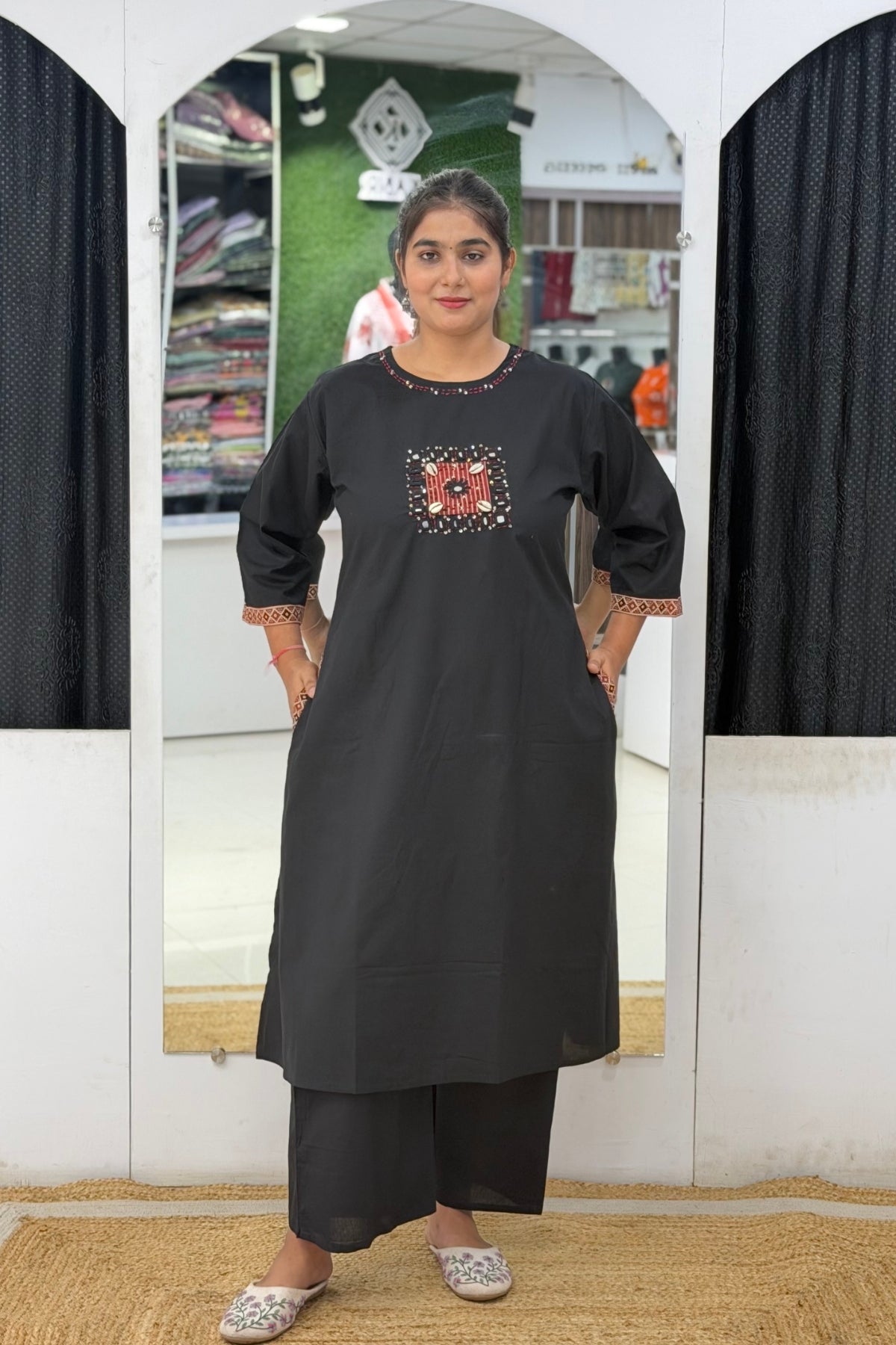 Premium Cotton Kurta Pant Dupatta Set with Kutchi Mirror Work & Ajrak Print Dupatta