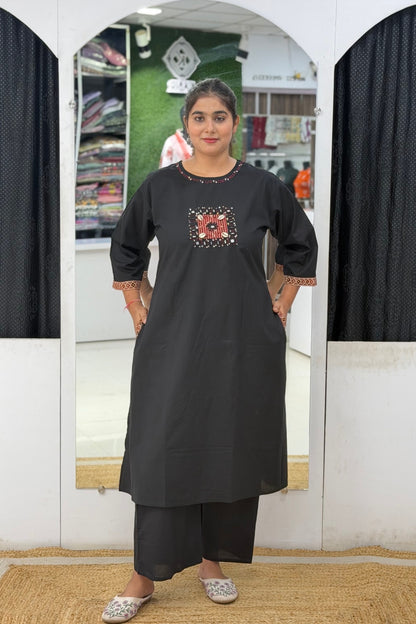 Premium Cotton Kurta Pant Dupatta Set with Kutchi Mirror Work & Ajrak Print Dupatta