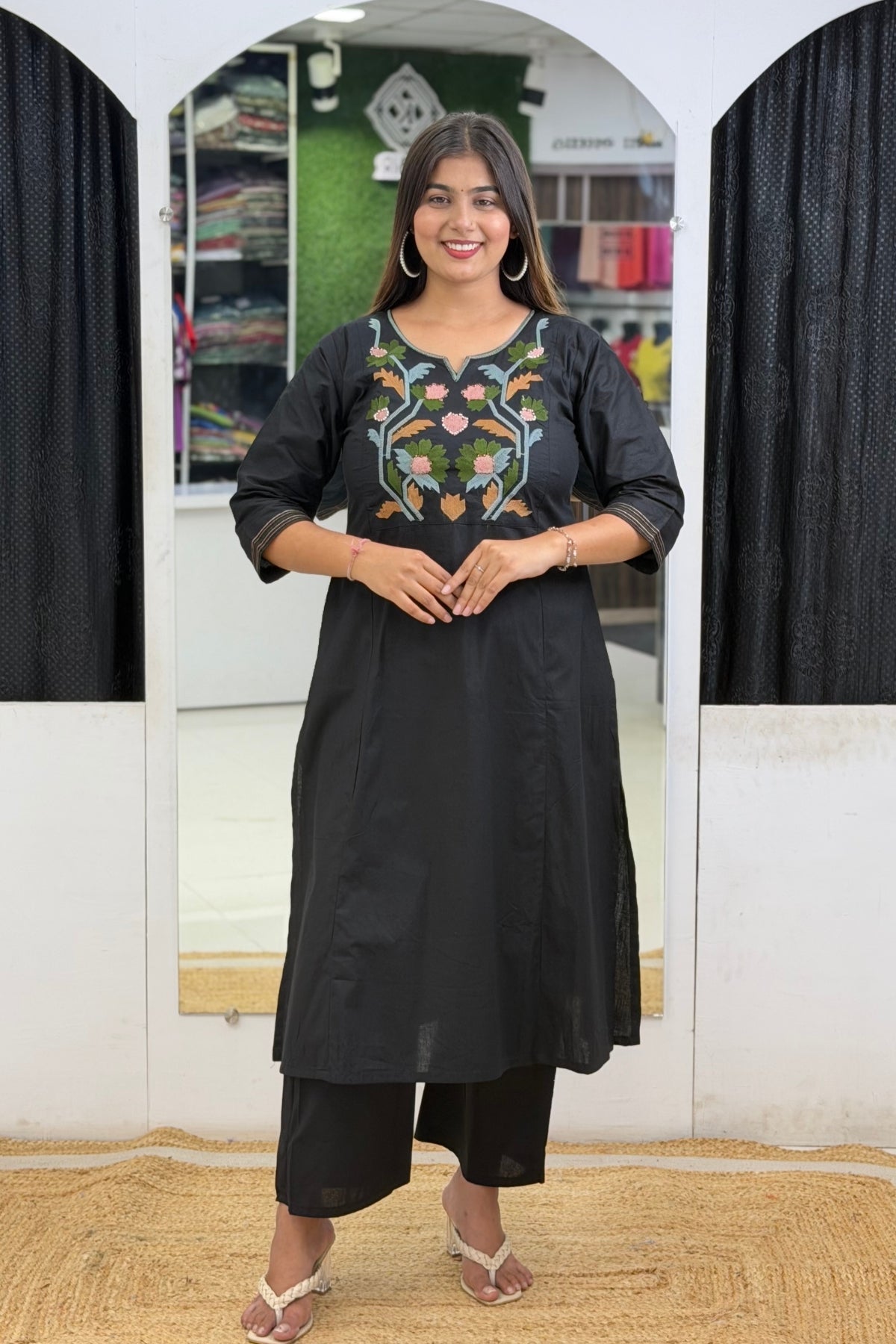 Cotton A-Line Side Cut Kurta Pant Dupatta Set with Floral Embroidery & Mulmul Cotton Dupatta