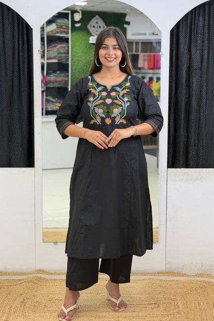 Cotton A-Line Side Cut Kurta Pant Dupatta Set with Floral Embroidery & Mulmul Cotton Dupatta