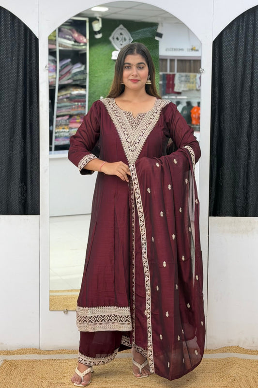 Roman Silk Ghera Anarkali Palazzo Set with Zari Embroidery & Embroidered Dupatta