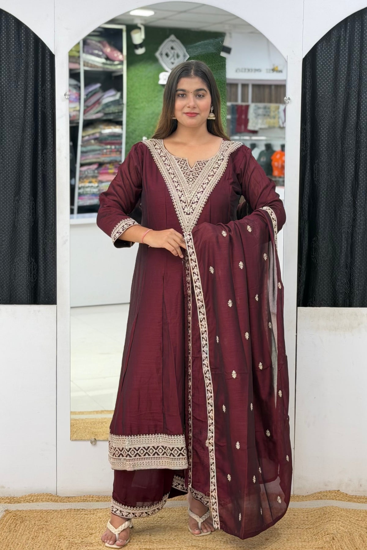Roman Silk Ghera Anarkali Palazzo Set with Zari Embroidery & Embroidered Dupatta