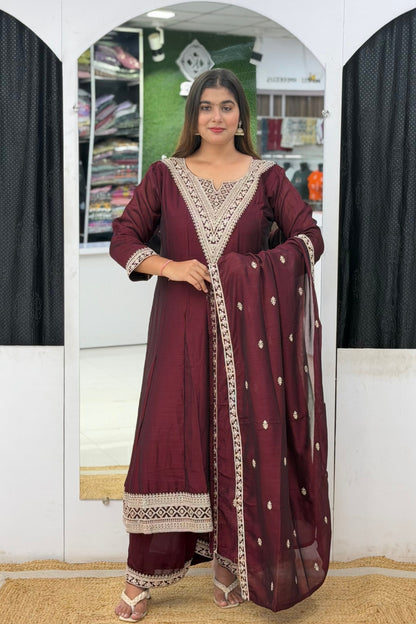Roman Silk Ghera Anarkali Palazzo Set with Zari Embroidery & Embroidered Dupatta