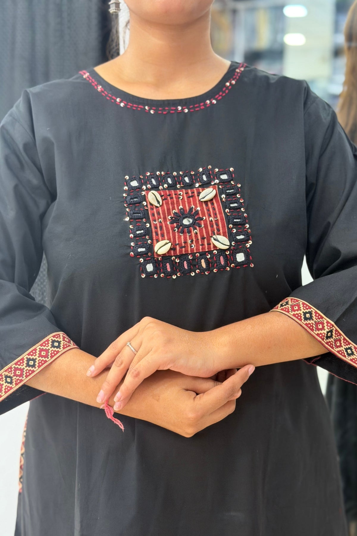 Premium Cotton Kurta Pant Dupatta Set with Kutchi Mirror Work & Ajrak Print Dupatta