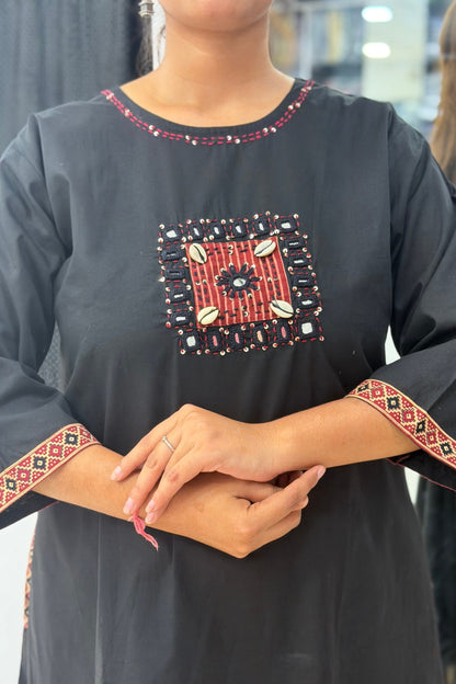 Premium Cotton Kurta Pant Dupatta Set with Kutchi Mirror Work & Ajrak Print Dupatta