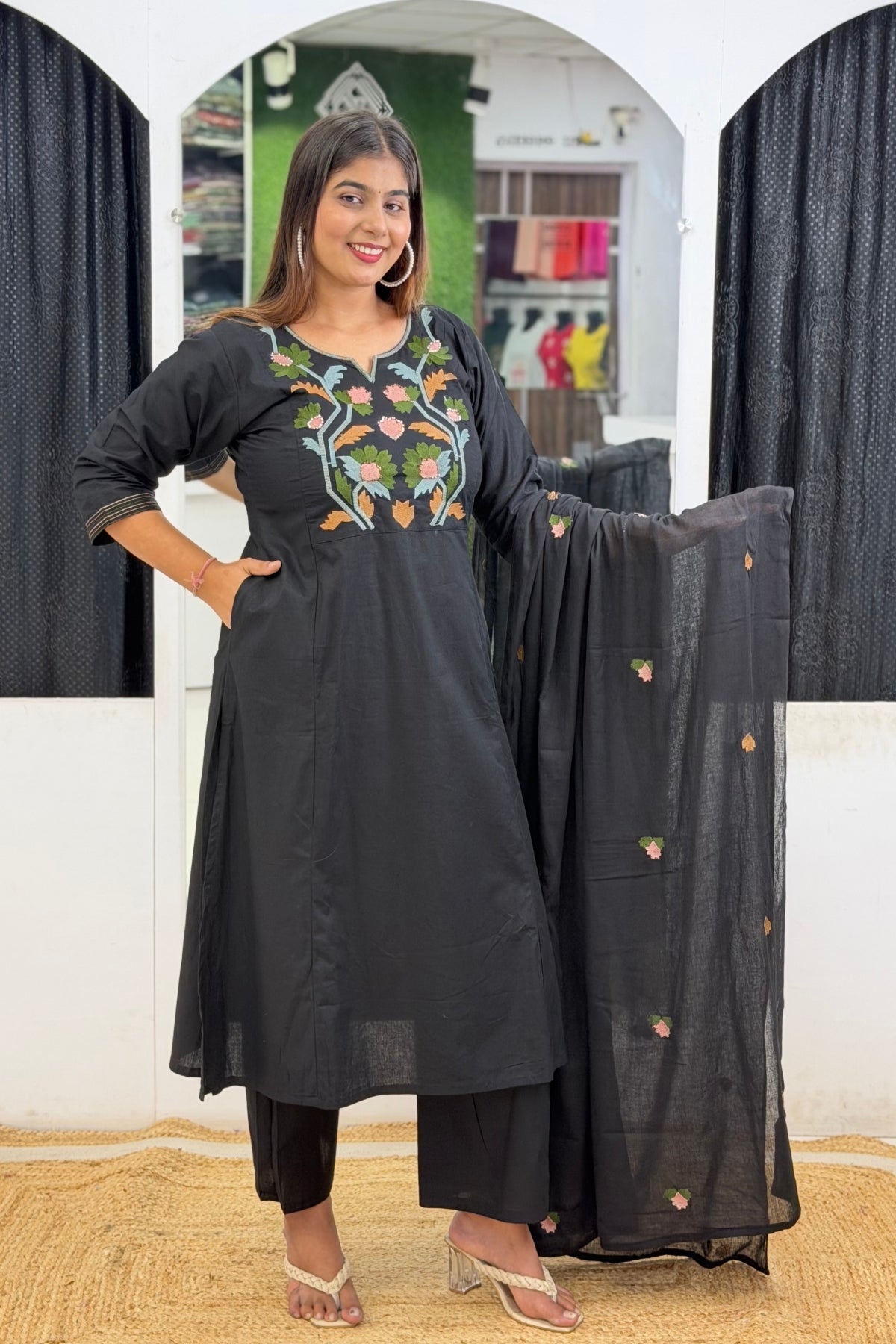 Cotton A-Line Side Cut Kurta Pant Dupatta Set with Floral Embroidery & Mulmul Cotton Dupatta