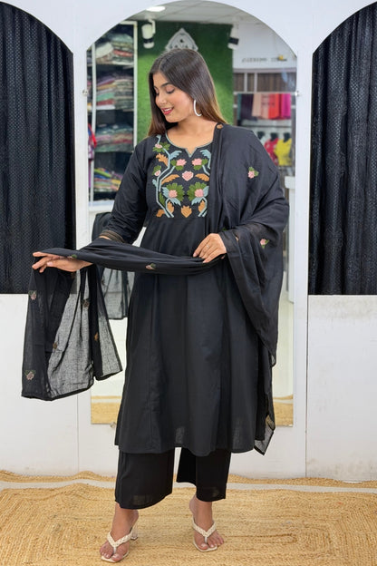 Cotton A-Line Side Cut Kurta Pant Dupatta Set with Floral Embroidery & Mulmul Cotton Dupatta