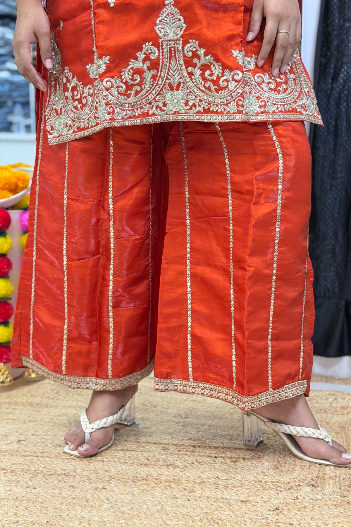 Roman Glass  Sharara Suit Set with Zari & Tikki Work and Organza Dupatta