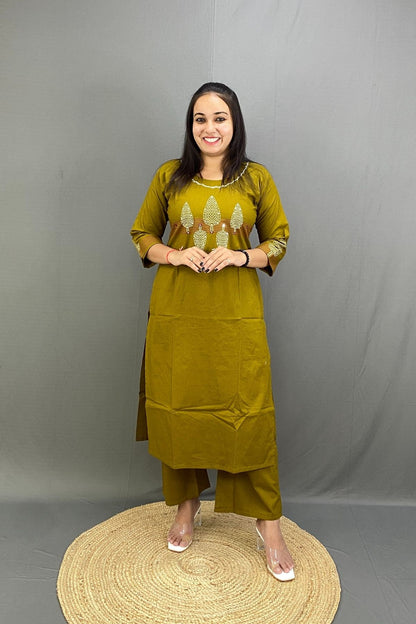 Mustard Yellow Pure Cotton Co-ord Set with front Embroidery and Block Print