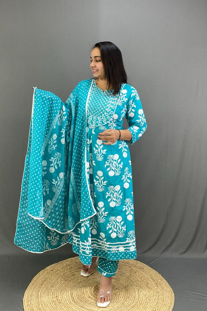Premium Cotton Aasmani Blue Floral Anarkali Kurti Pant Set with Elegant Mirror & Lace Work
