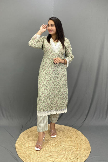 Cotton Kurti Pant Dupatta Set with Croatian Lace Work, Elegant V-Neck Ethnic Ensemble