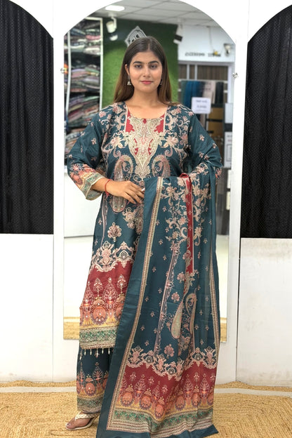 Premium Silk Floral Printed Kurta Set with Mirror Work, Palazzo Pants & Tassel Dupatta
