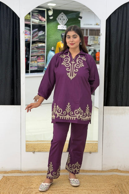 Embroidered Cord Set with Short Kurti, Semi Palazzo Pants & Heavy Thread Work