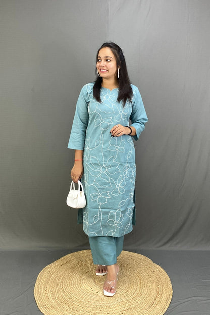 Sky Blue Cotton Dress with Mulmul Dupatta and White Hand Embroidery