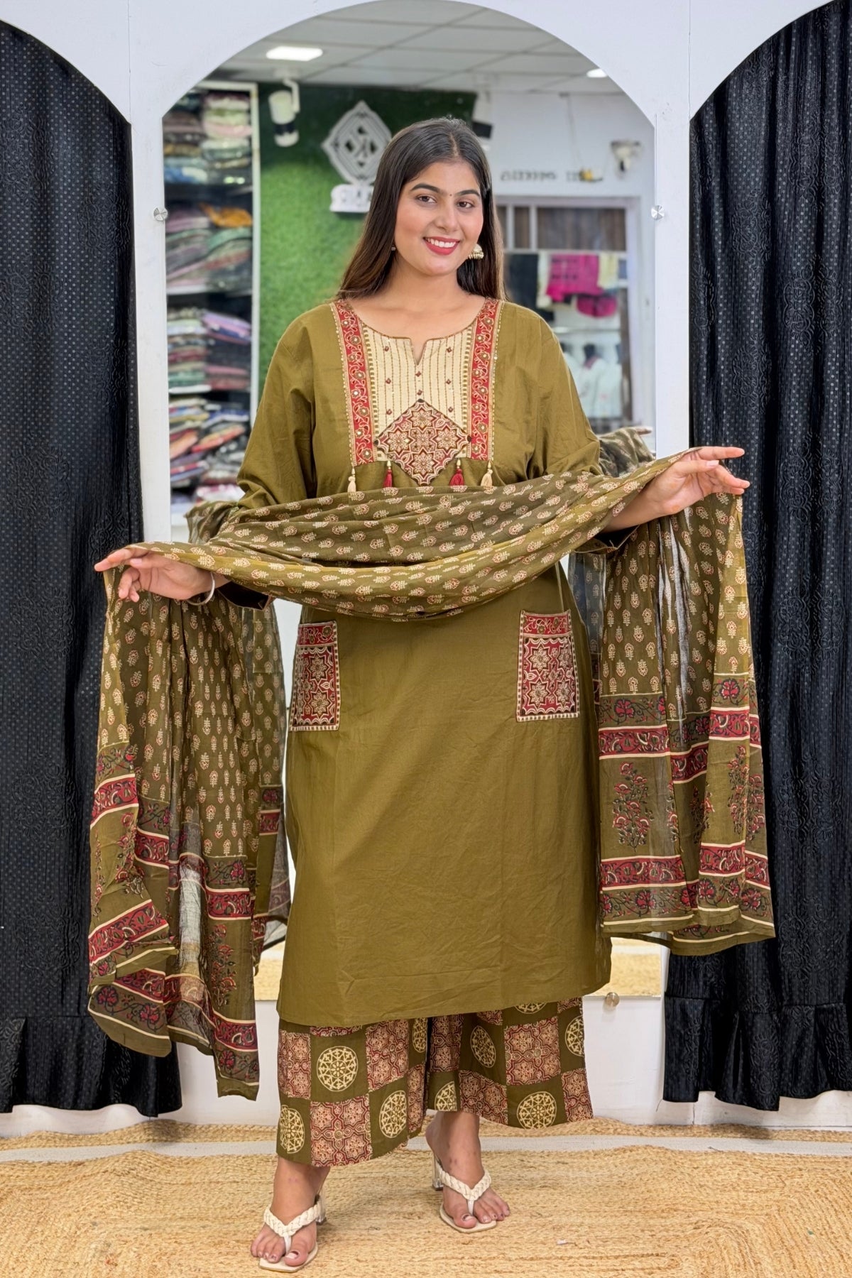 Plus Size Pure Cotton Kurta Palazzo Dupatta Set with Ajrak Patch Wor