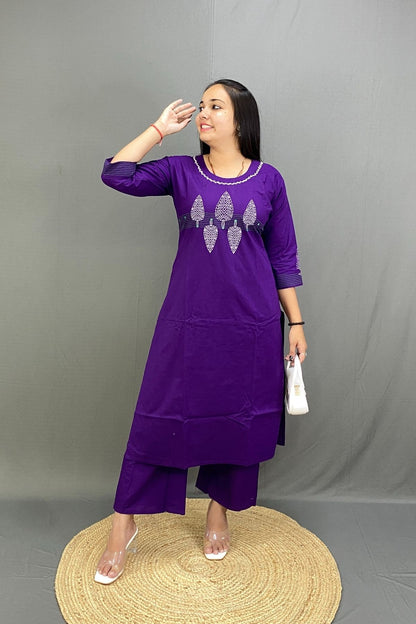 Deep Purple Pure Cotton Co-ord Set with front Embroidery and Block Print