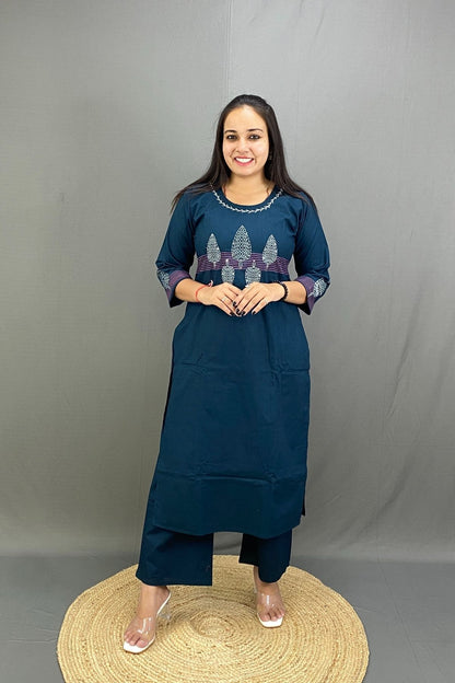 Deep Teal Blue Pure Cotton Co-ord Set with front Embroidery and Block Print