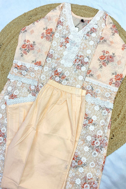 Flared Cream Rayon Cotton Kurti Pant Dupatta Set – Embroidered Festive Wear